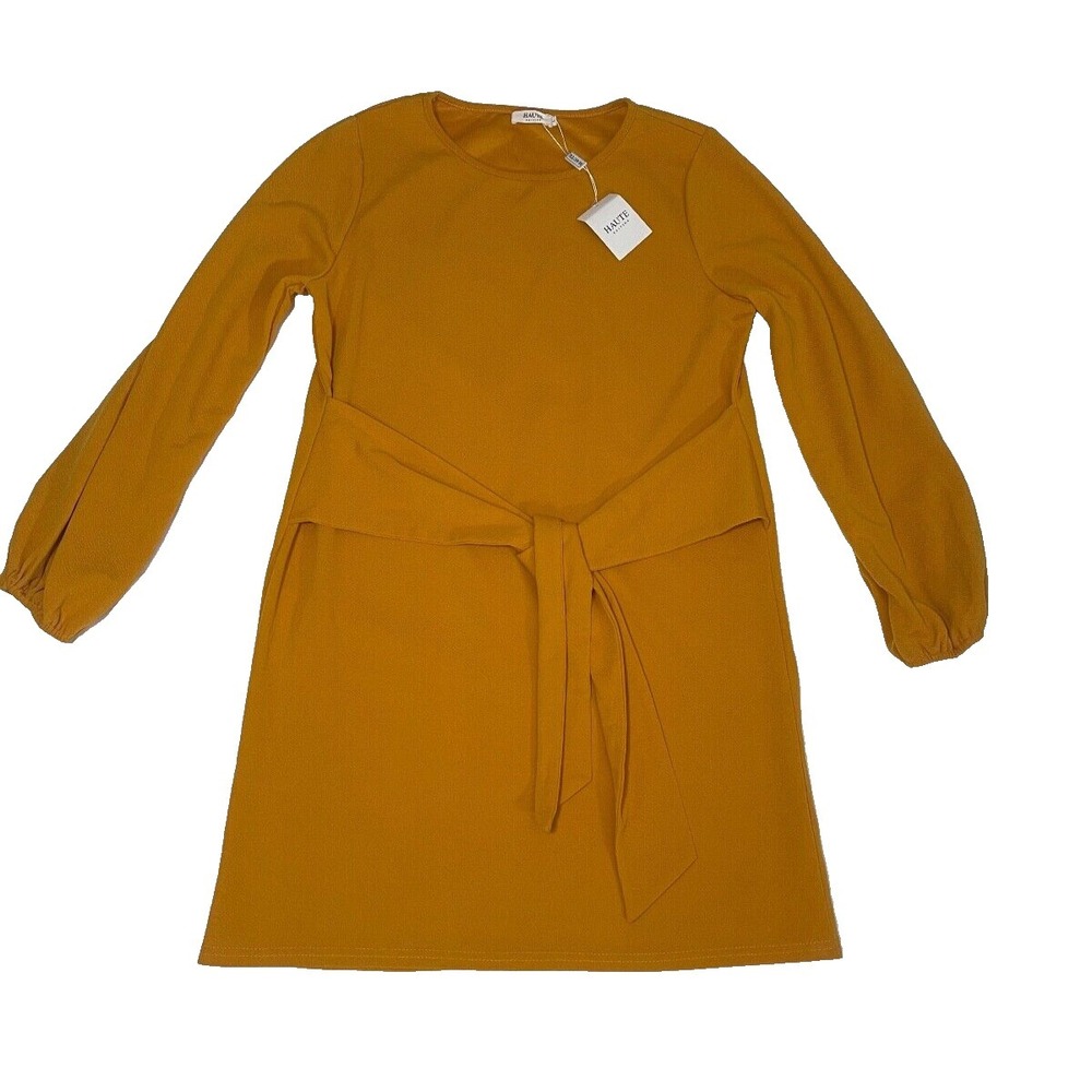 Haute Edition Dress Women's Large Yellow Long Sleeve Front Tie Nature Norm NWT
